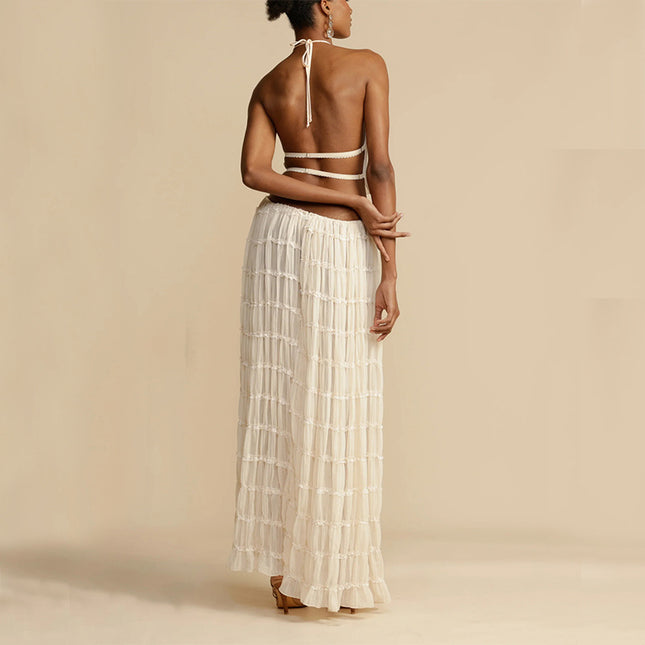 2 stk. ermeløs ryggløs cropped halterneck topp og plissert langt skjørt