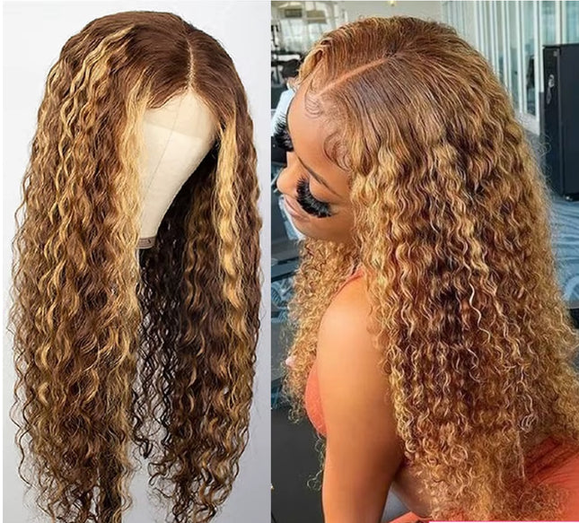 13x4 Highlights Krøllete Lace Front Parykk – Honningblond Dypbølget Ekte Hår Parykk