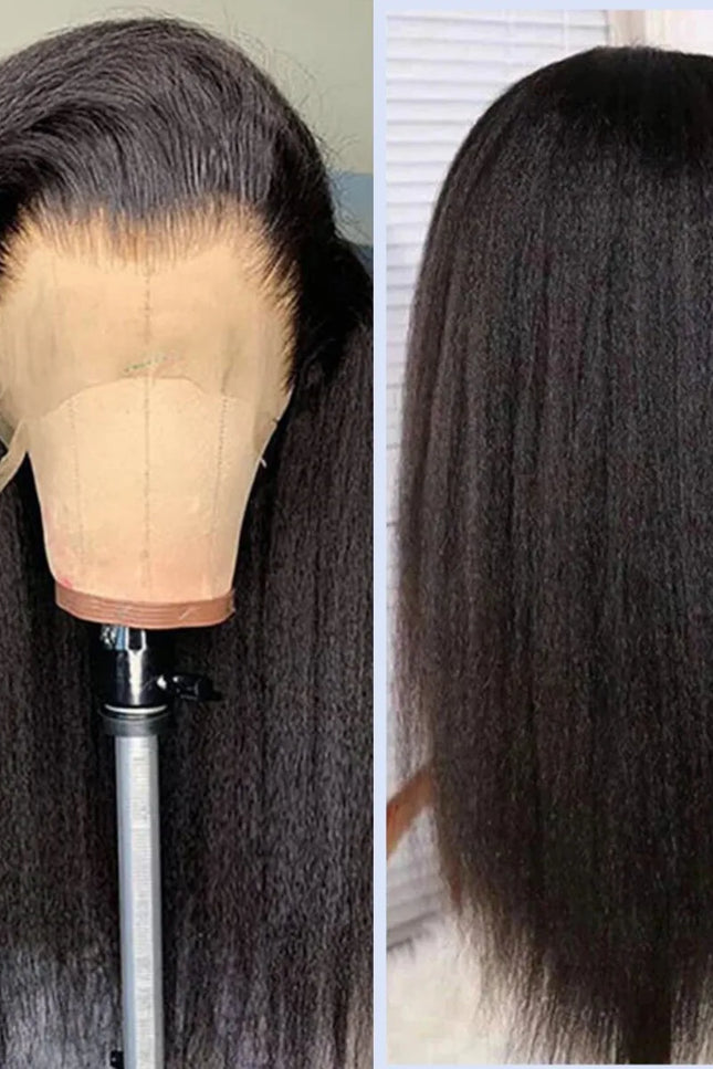 Naturlig, kinky, rett parykk med menneskehår – 4x4 gjennomsiktig blonde, forhåndsplukket hårlinje